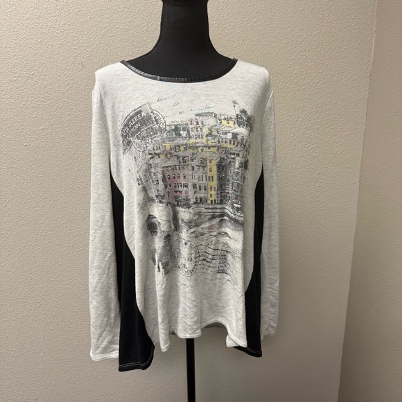 Cato Cream Black Graphic Top XL Paris City Print Rhinestone Long Sleeve - Picture 2 of 12
